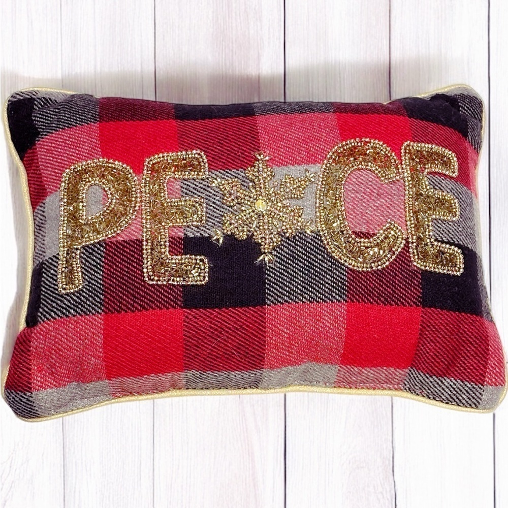 Plaid Peace Snowflake Gold Beaded Cherished Traditions  Decorative Pillow EUC